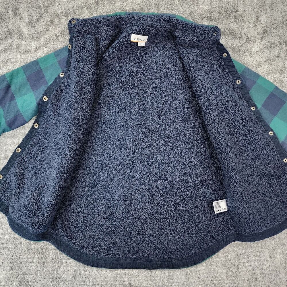 Orvis Shirt Womens Small Blue Green Plaid Fleece Lined Snap Shacket Elbow Patch - Picture 11 of 16